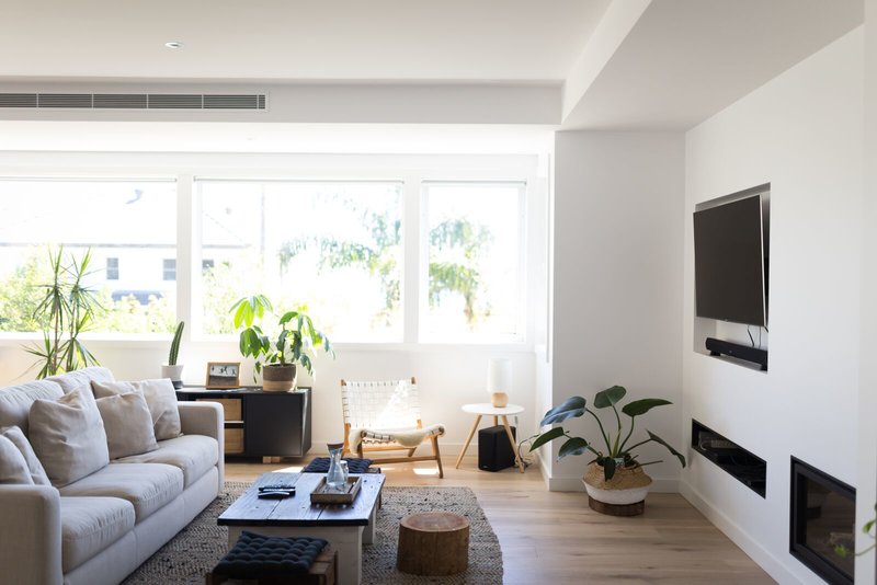 Living room inside custom-built Northern Beaches home